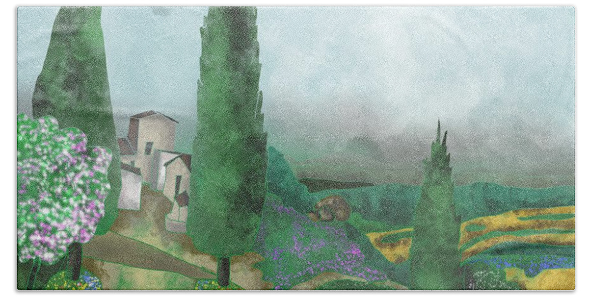 Fields Of Italy Hand Towel featuring the painting Tuscany - Fields of Italy by Patricia Piotrak