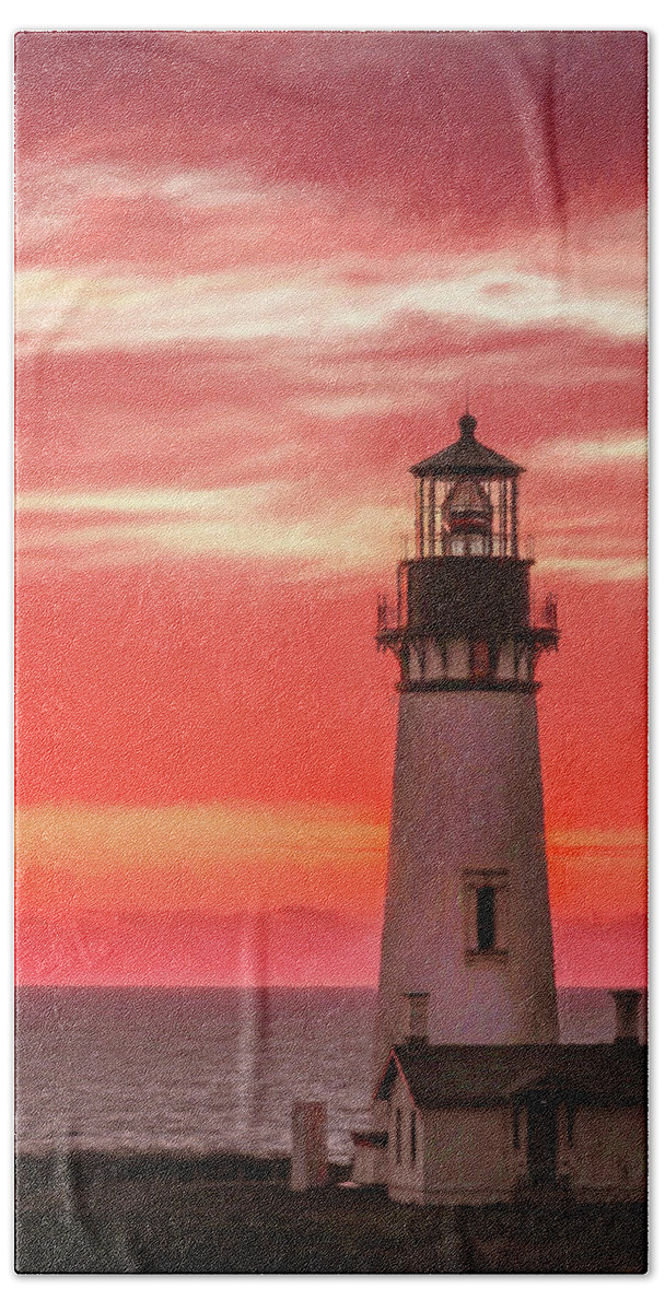 Yaquina Head Light Hand Towel featuring the photograph Fiery Sunset at Yaquina Head Light by Jaki Miller