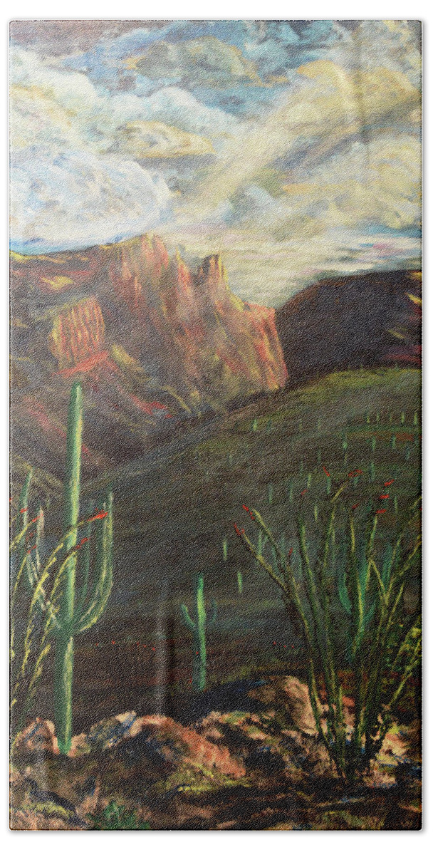 Tucsonarizona Bath Towel featuring the painting Finger Rock Morning by Chance Kafka