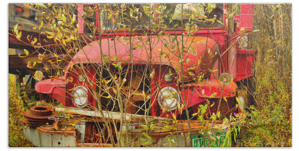 Fire Truck Hand Towel featuring the photograph Fire Tanker In The Meadow by Adam Jewell