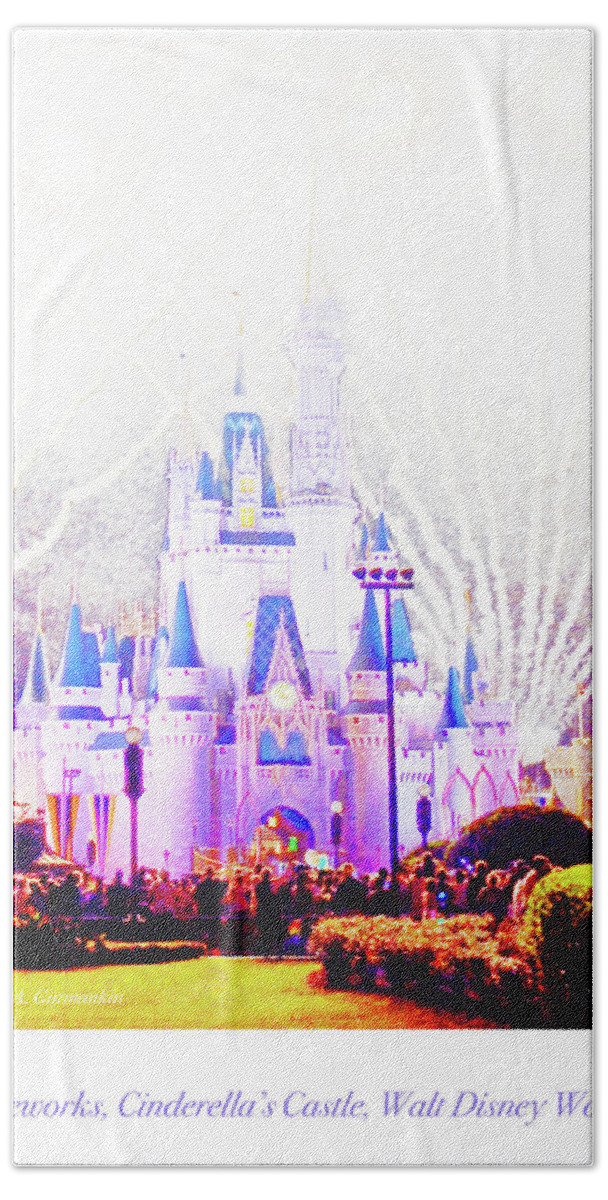Family Hand Towel featuring the digital art Fireworks, Cinderella's Castle, Magic Kingdom, Walt Disney World by A Macarthur Gurmankin