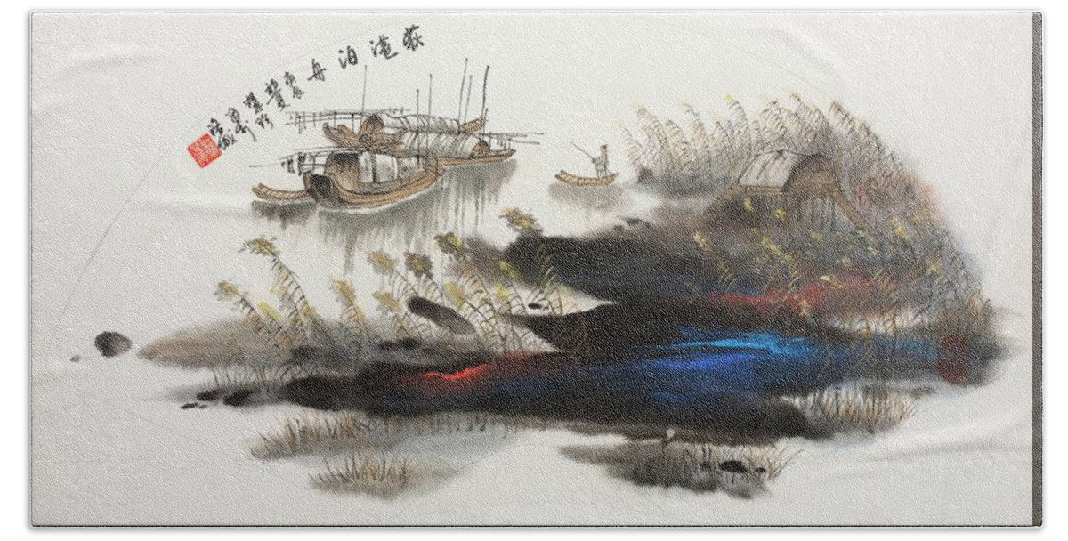 Chinese Watercolor Hand Towel featuring the painting Returning to the Sampan at Evening  by Jenny Sanders