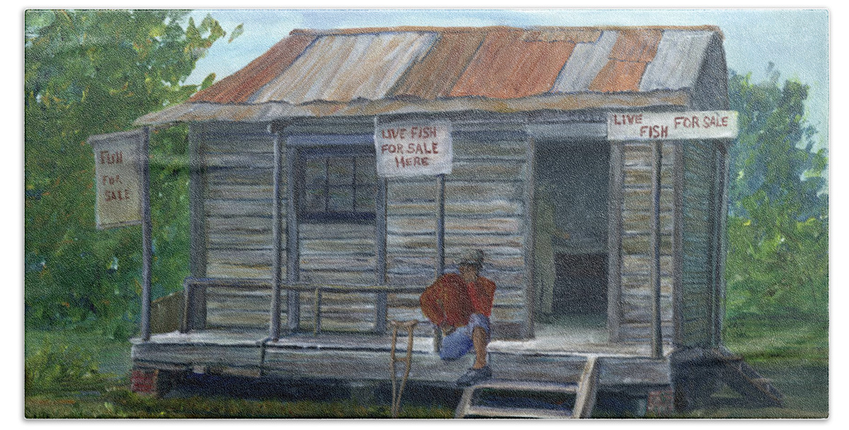 Store Bath Towel featuring the painting Fish Store, Natchitoches Parish, Louisiana by Lenora De Lude