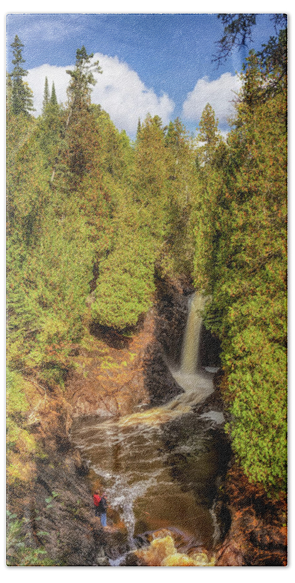 Waterfall Bath Towel featuring the photograph Fishing at Cascade Falls by Susan Rissi Tregoning