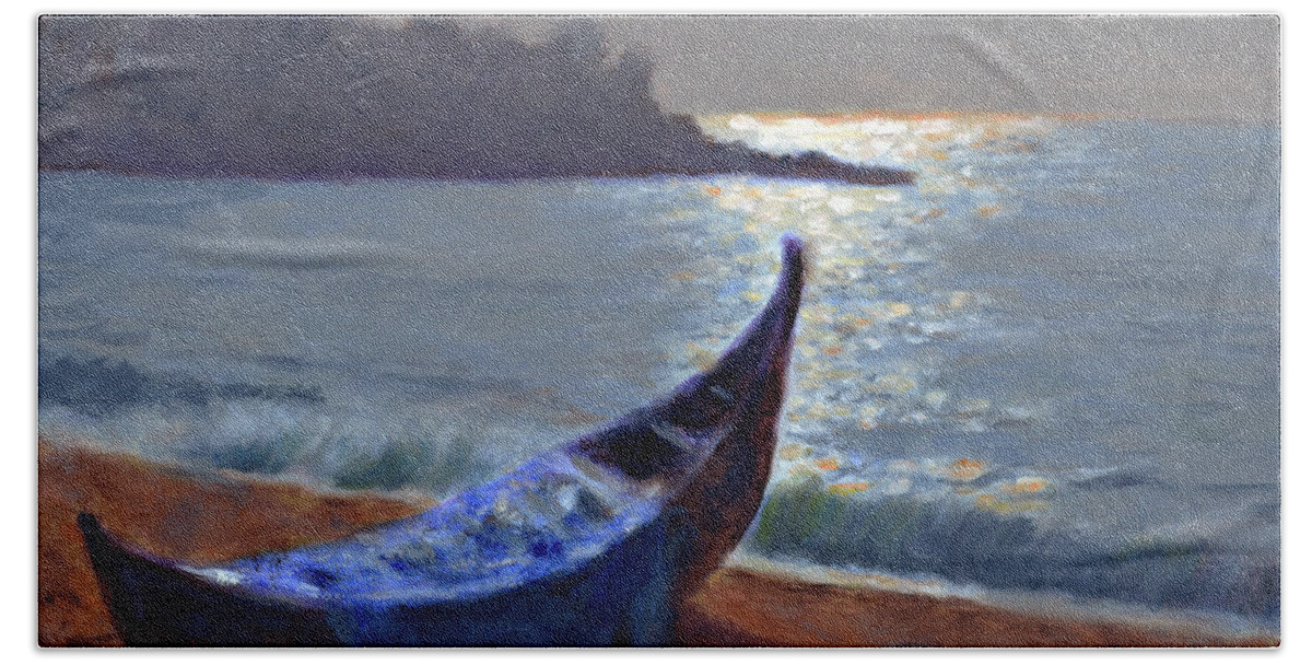 Fishing Boat Hand Towel featuring the painting Fishing boat at Kovalam beach by Uma Krishnamoorthy