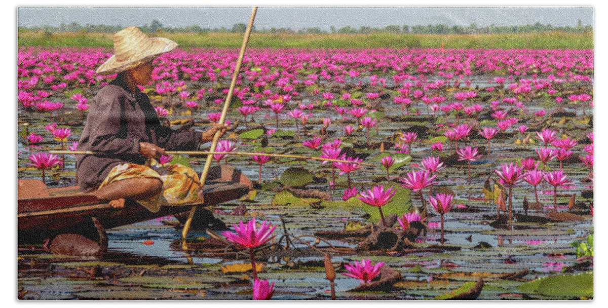 Art Bath Towel featuring the photograph Fishing in the Red Lotus Lake by Jeremy Holton