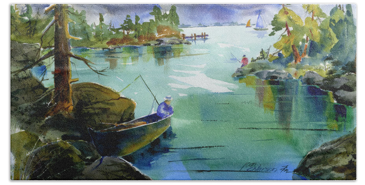 Lake Tahoe Bath Towel featuring the painting Fishing Lake Tahoe by Joan Chlarson