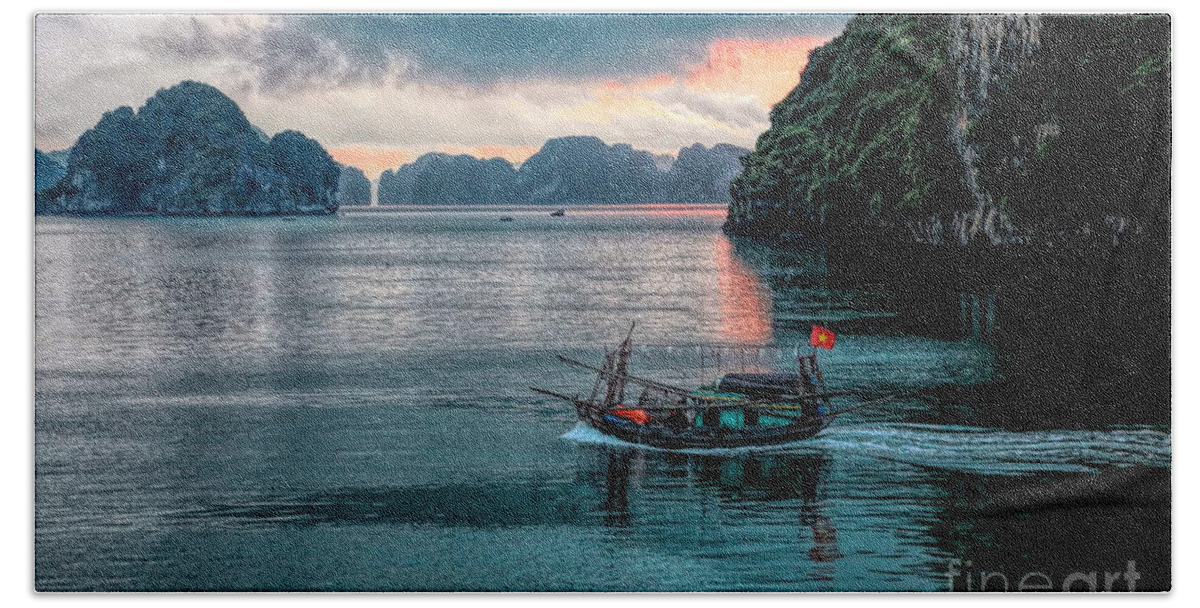 Vietnam Bath Towel featuring the photograph Fishing Vessel Vietnam Scenery by Chuck Kuhn