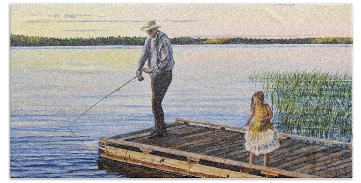 Fishing Bath Towel featuring the painting Fishing With A Ballerina by Marilyn McNish