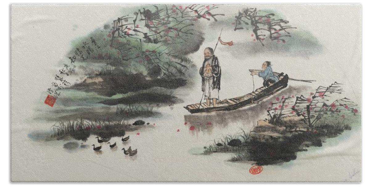 Chinese Watercolor Bath Towel featuring the painting Shepherding the Flock of Ducks Home at Days End by Jenny Sanders