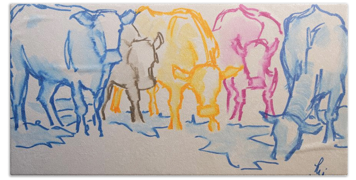 Cows Hand Towel featuring the drawing Five cows five colors watercolor line drawing by Mike Jory