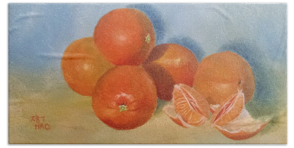 Orange Hand Towel featuring the painting Five Oranges and a Half Cutie by Helian Cornwell