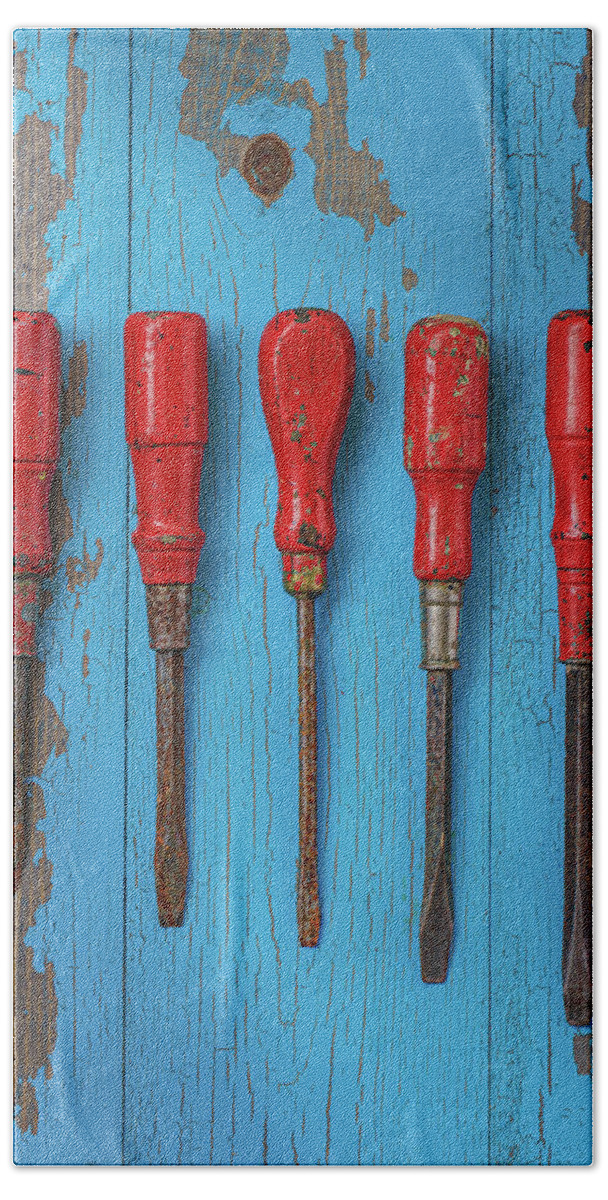Screwdrivers Hand Towel featuring the photograph Five Red Screwdrivers Vertical by David Smith
