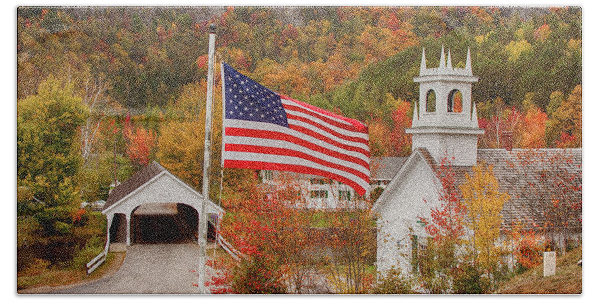 Autumn Bath Towel featuring the photograph Flag flying over the Stark covered Bridge by Jeff Folger