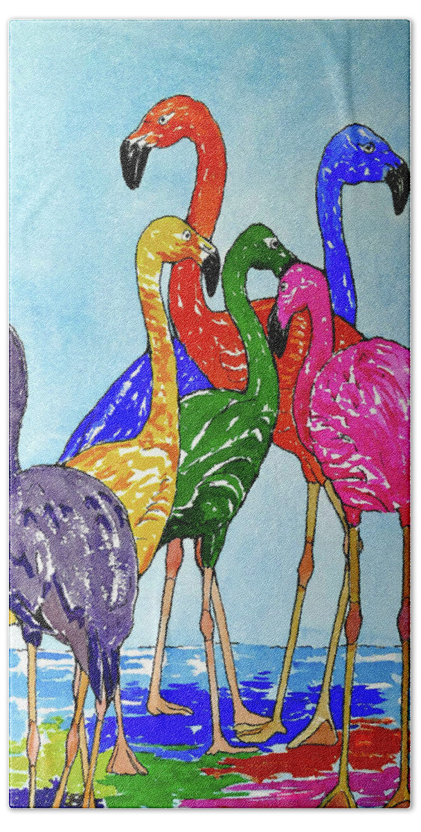 Flamingo Bath Towel featuring the painting Flamingo Color Riot by Margaret Zabor