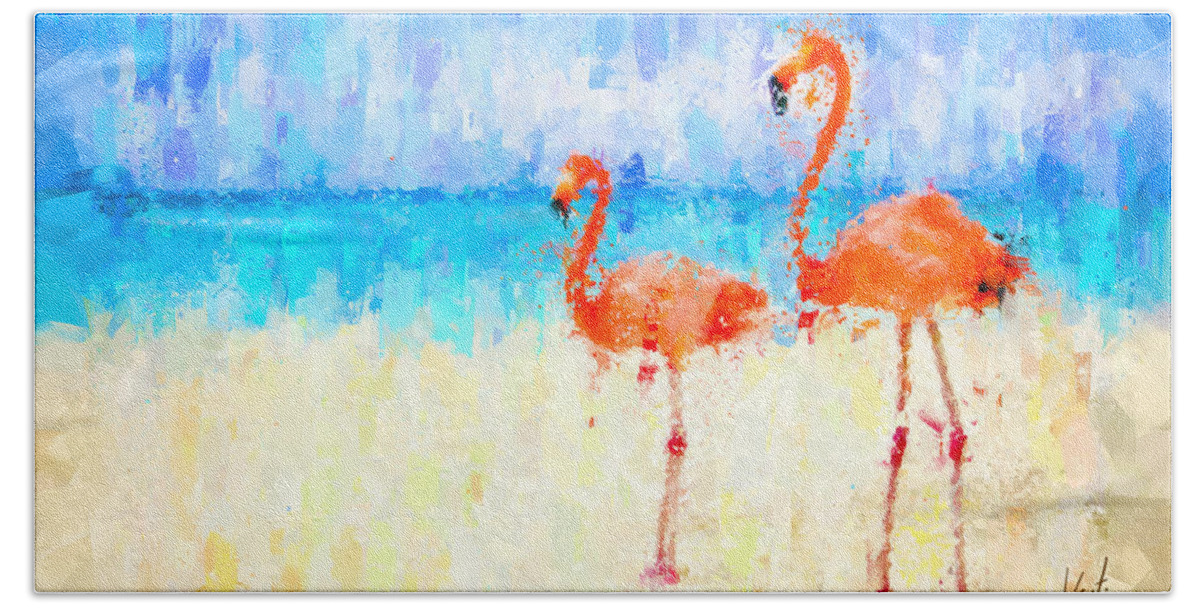 Flamingos Bath Towel featuring the painting Flamingos by Vart Studio