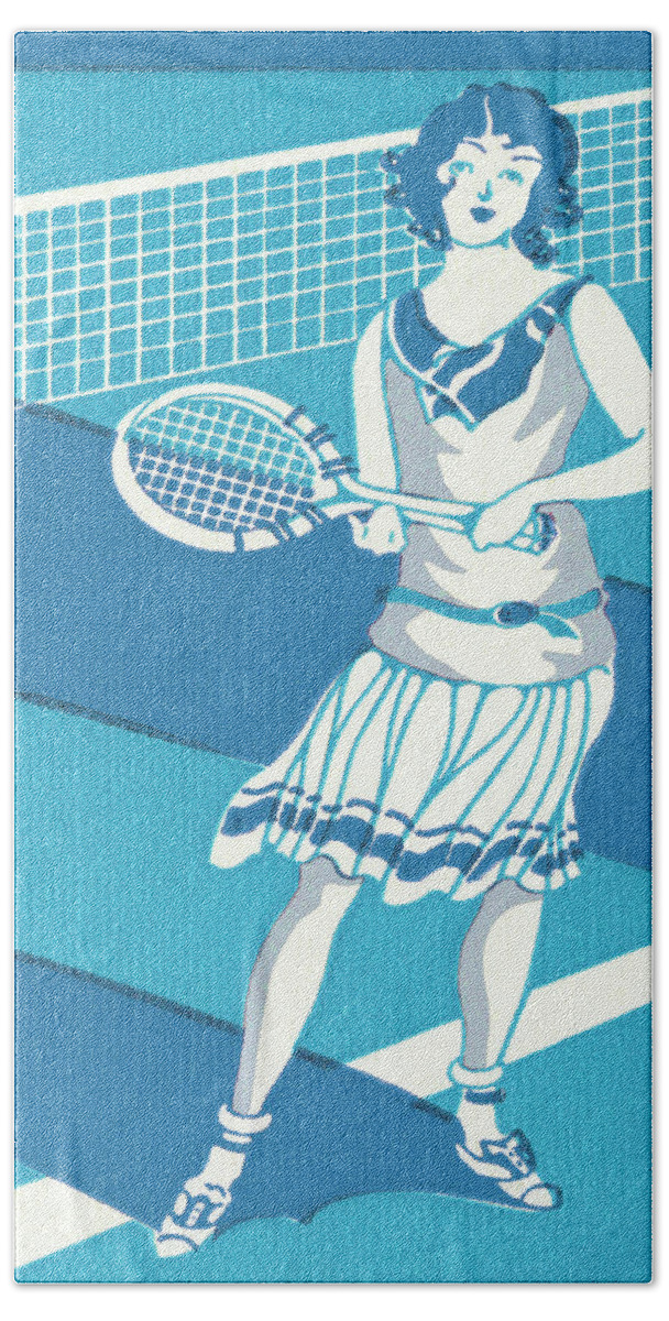 1920 Hand Towel featuring the drawing Flapper Woman Playing Tennis by CSA Images