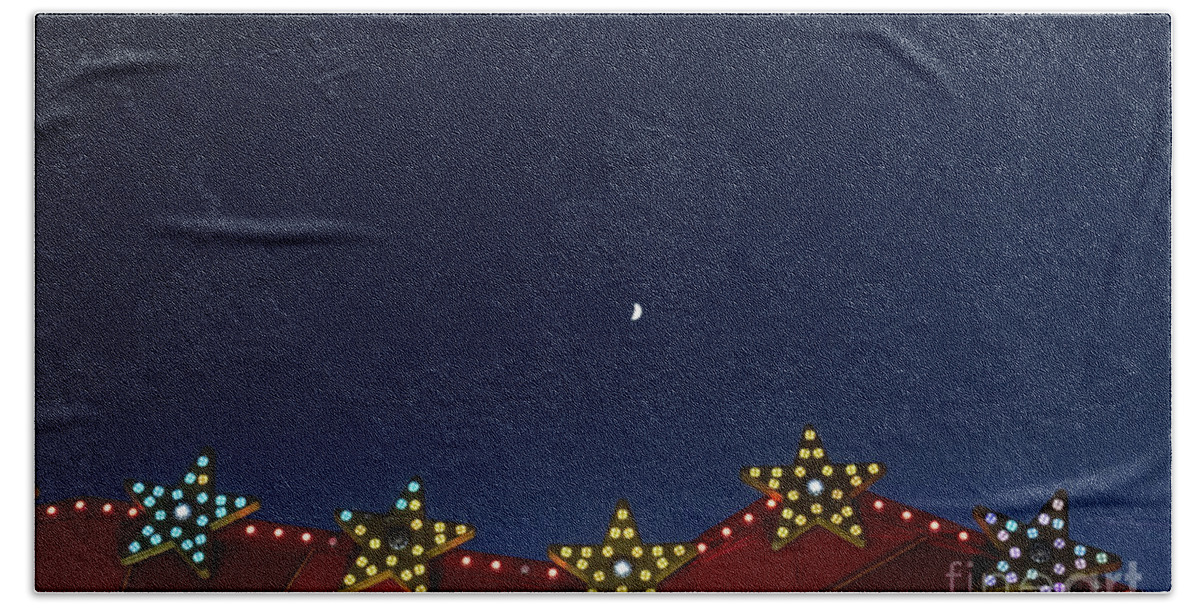 Abstract Bath Towel featuring the photograph Flat background of blue sky with small moon and luminous light bulbs. by Joaquin Corbalan