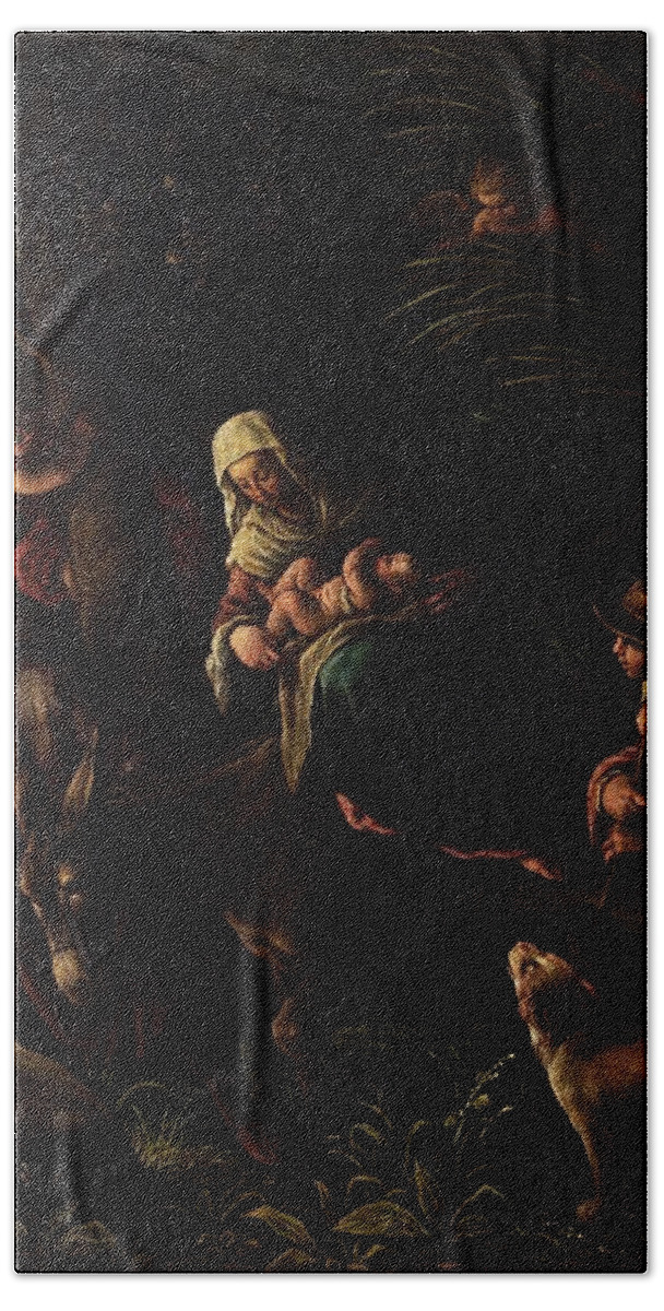 Child Jesus Hand Towel featuring the painting 'Flight into Egypt', Second half 16th century, Italian School, Oil on canvas,... by Francesco Bassano the Younger -1549-1592-