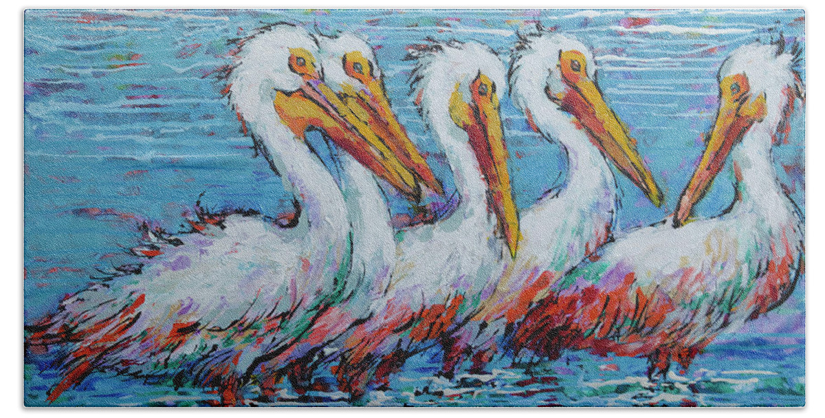  Bath Towel featuring the painting Flock Of White Pelicans by Jyotika Shroff