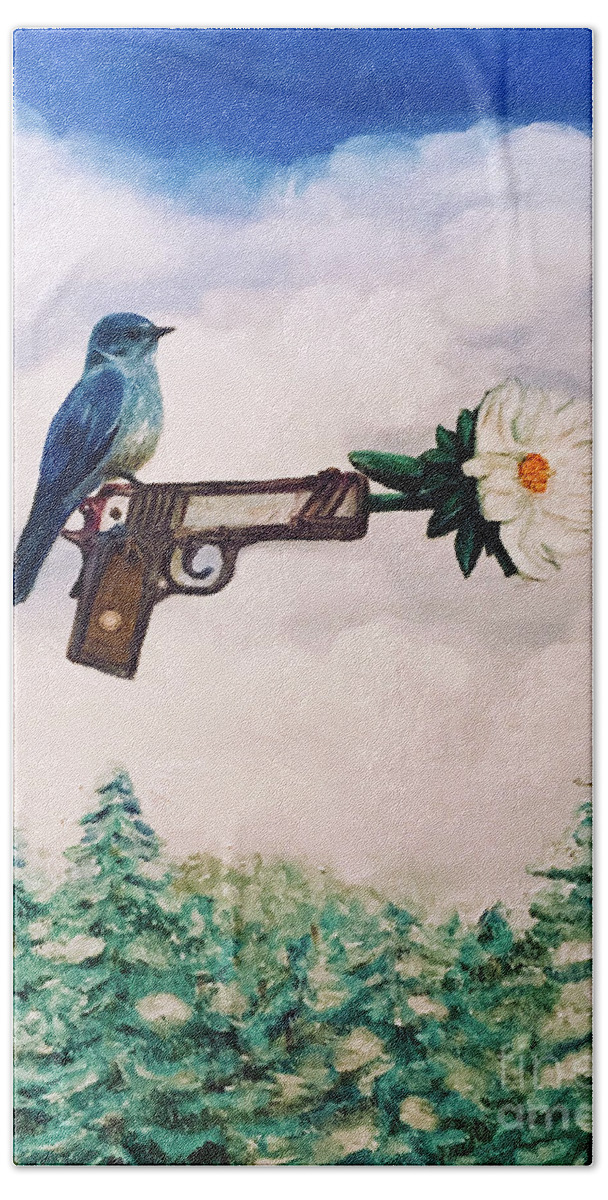 Flower Bath Towel featuring the painting Flower in a Gun- Bluebird of Happiness by Shelley Myers