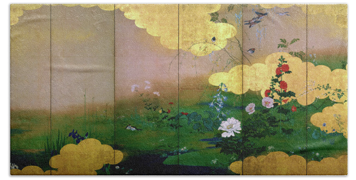 Shibata Zeshin Bath Towel featuring the painting Flowers and Birds of the Four Seasons - Digital Remastered Edition by Shibata Zeshin