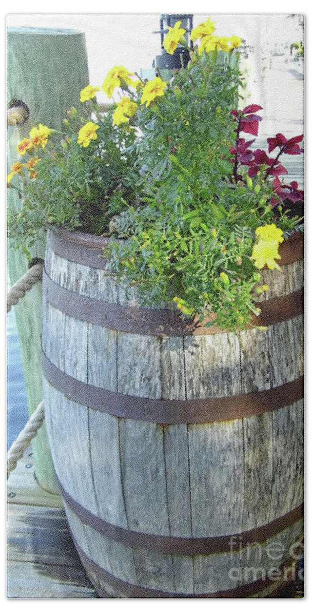 Barrel Bath Towel featuring the photograph Flowers In A Barrel by D Hackett