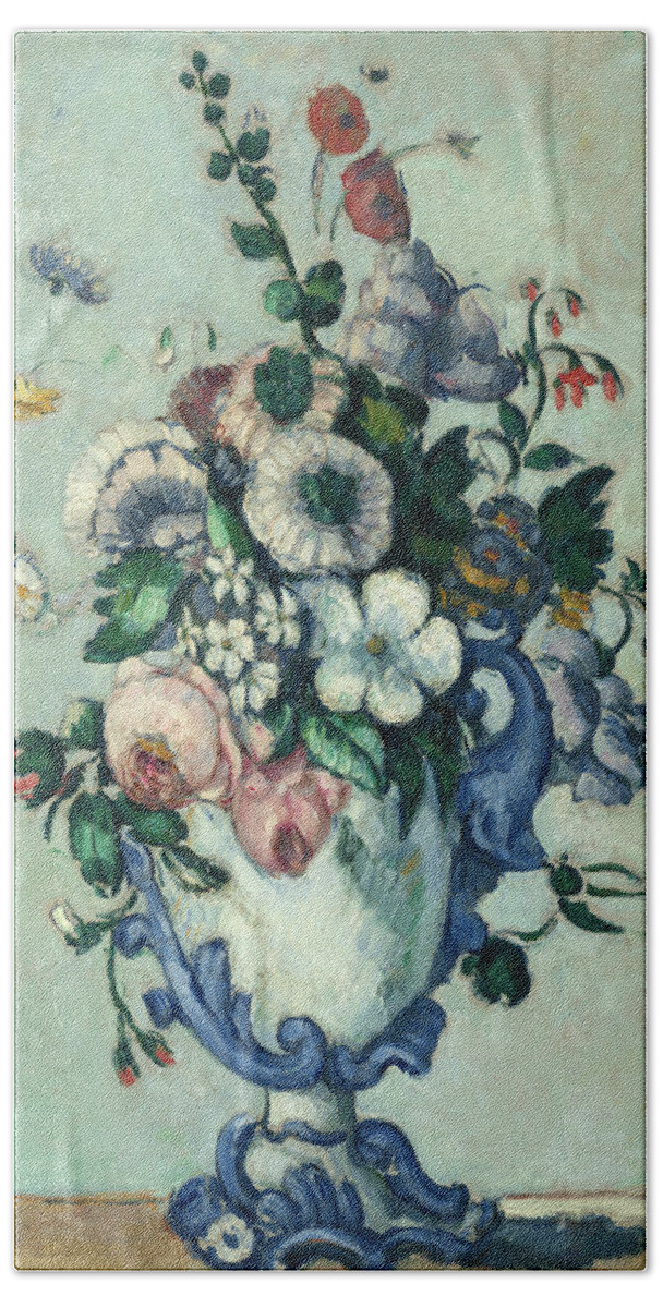 Paul Cezanne Bath Towel featuring the painting Flowers in a Rococo Vase, circa 1876 by Paul Cezanne