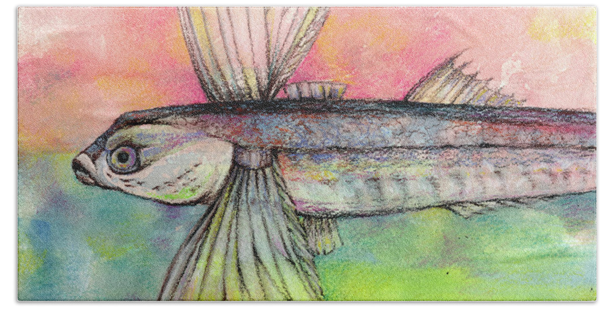 Flying Fish Hand Towel featuring the pastel Flying Fish from Barbados by AnneMarie Welsh