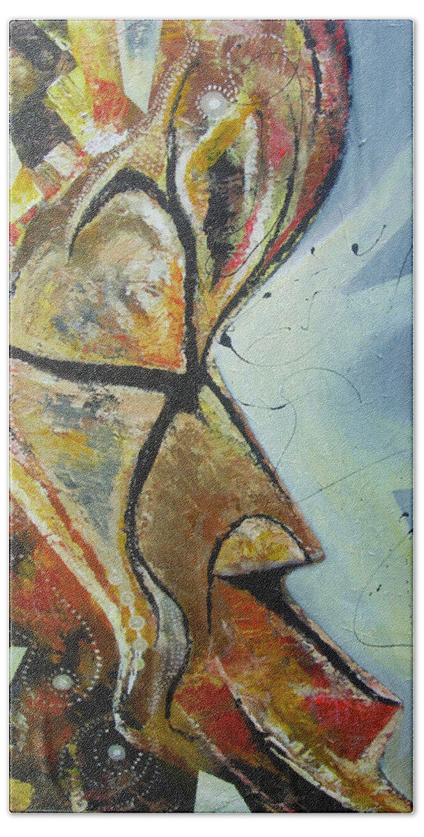 African Mask Hand Towel featuring the painting Focus and Determination by Hasaan Kirkland