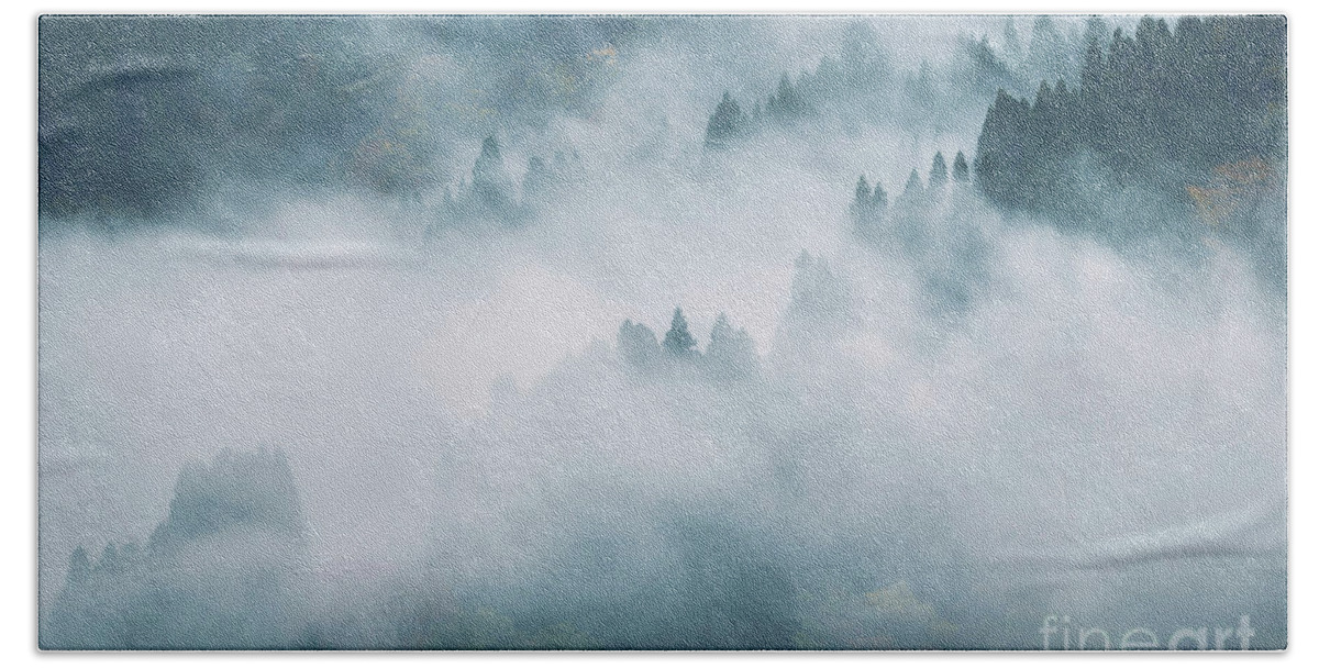 Fog Bath Towel featuring the photograph Fog covered mountain forest abstract nature scenery Toyama Japan by Maxim Images Exquisite Prints