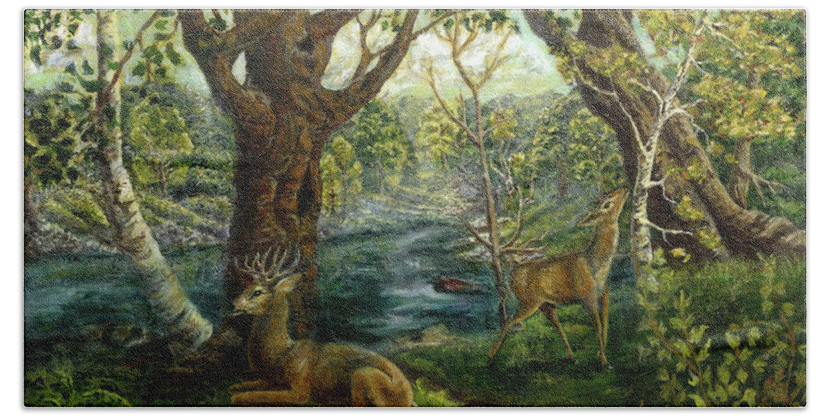 English Bath Towel featuring the painting Foggy day Deer in an English Wood by Bonnie Marie