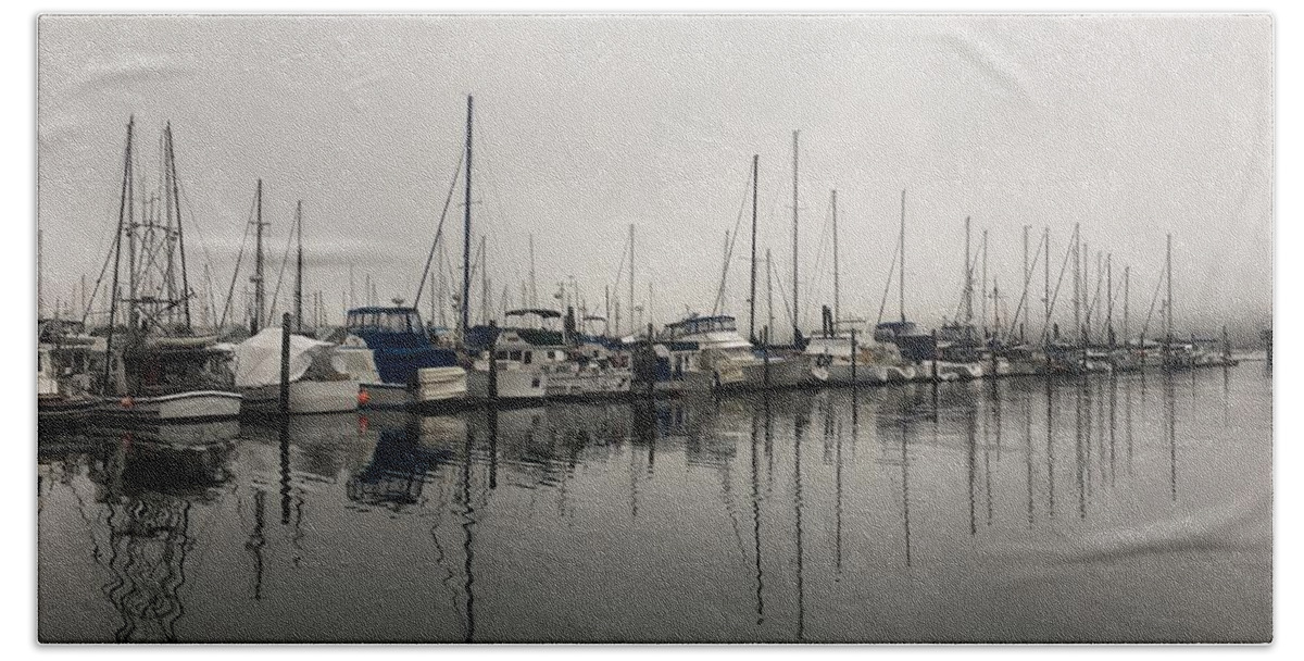 Fog Bath Towel featuring the photograph Foggy Morning at the Marina by Jerry Abbott