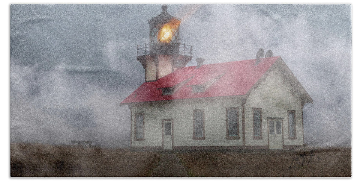 Lighthouse Bath Towel featuring the photograph Foggy Point Cabrillo Lighthouse California by Betsy Knapp