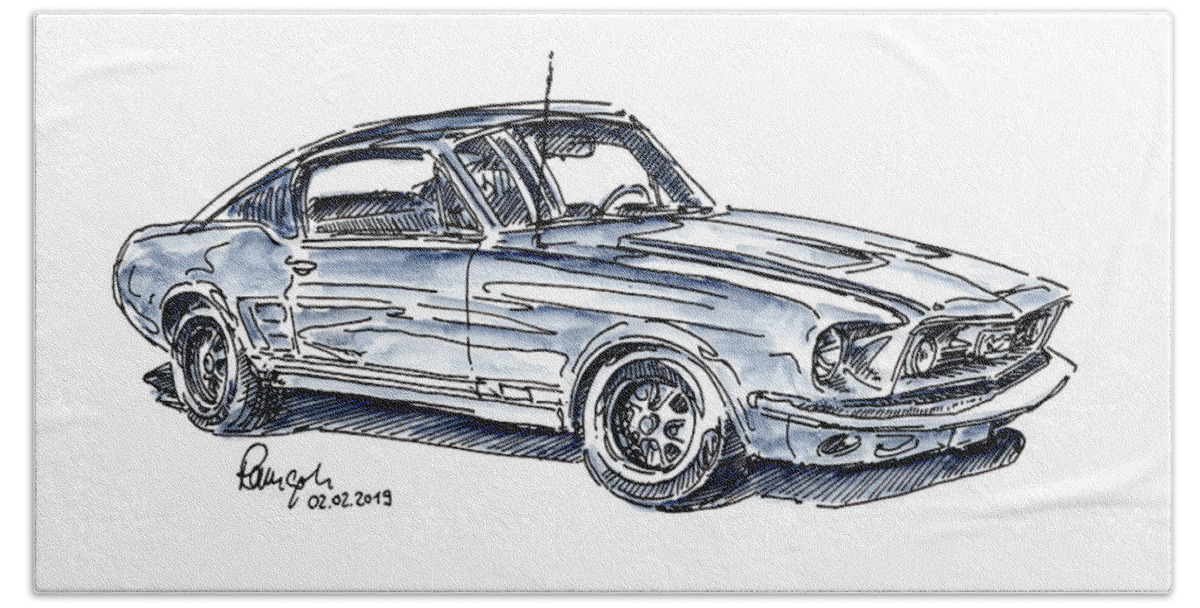 Ford Hand Towel featuring the drawing Ford Mustang GTA Fastback 1967 Classic Car Ink Drawing and Water by Frank Ramspott