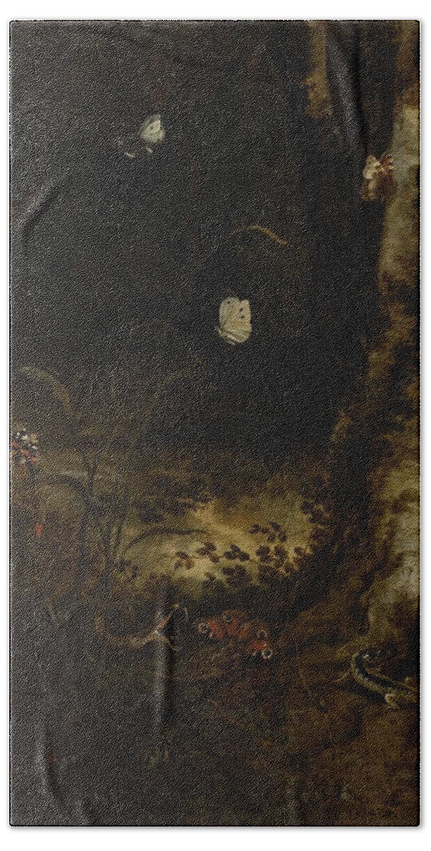 Canvas Bath Towel featuring the painting Forest Floor with a Snake, Lizards, Butterflies and other Insects. by Otto Marseus van Schrieck