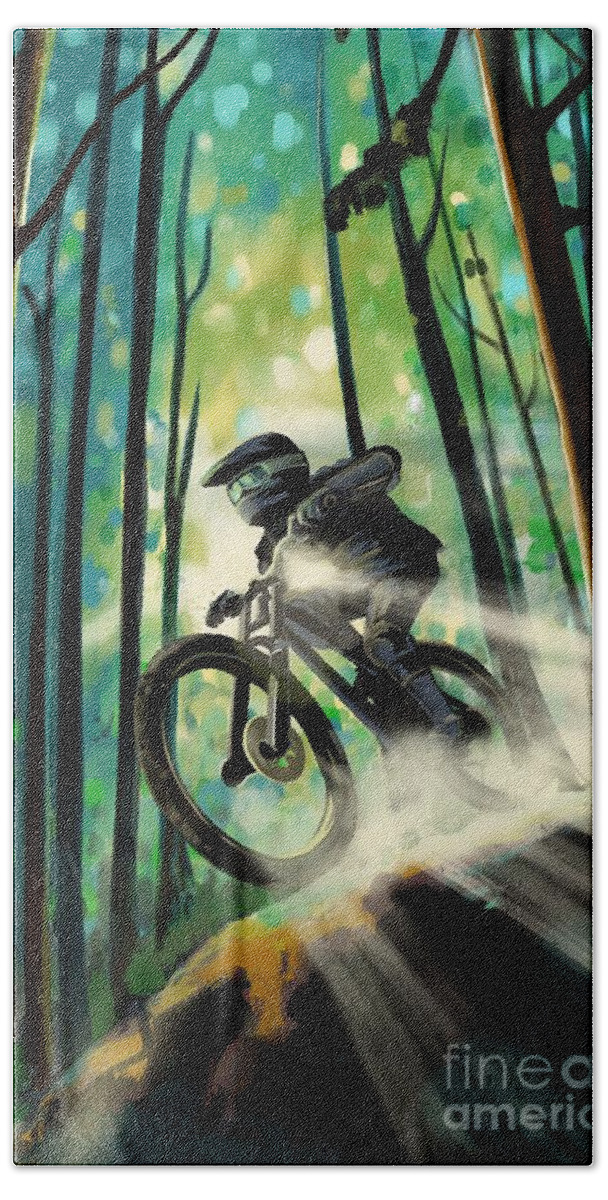 Mountain Bike Bath Towel featuring the painting Forest jump mountain biker by Sassan Filsoof