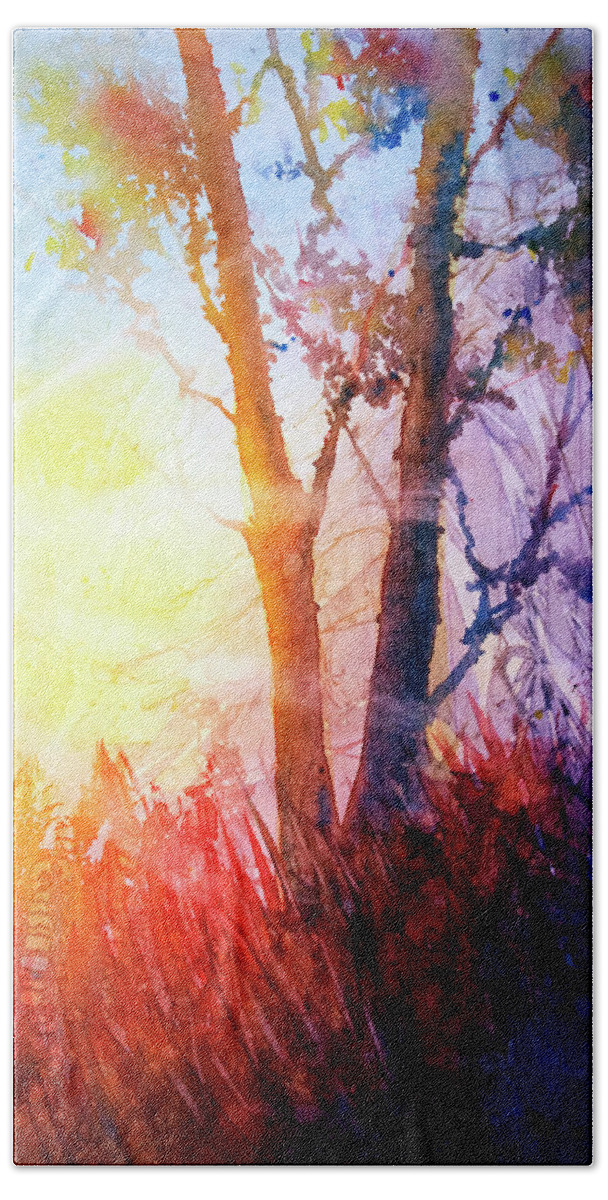 Glowing Hand Towel featuring the painting Forest Sunrise by Rebecca Davis