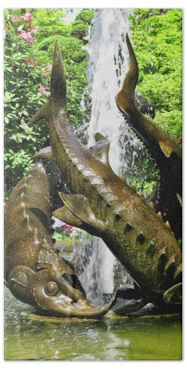 Canada Hand Towel featuring the photograph Fountain sculpture, Butchart gardens, BC by Segura Shaw Photography