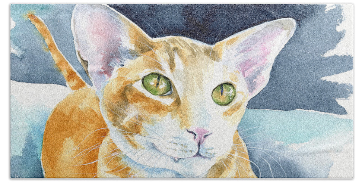 Peterbald Hand Towel featuring the painting Fox Peterbald Cat Painting by Dora Hathazi Mendes