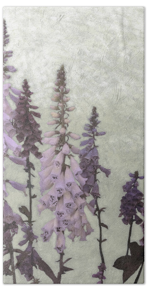 Botanical Bath Towel featuring the painting Foxgloves II by Chariklia Zarris