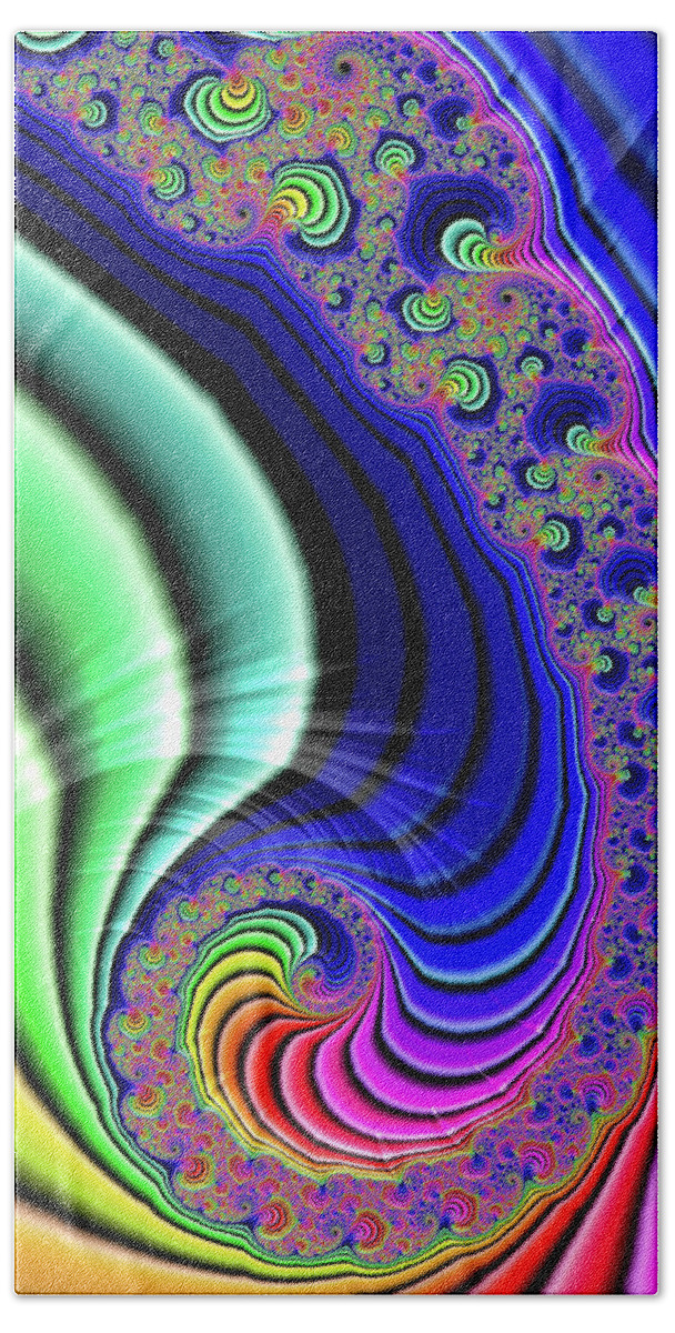 Spiral Hand Towel featuring the digital art Fractal Spiral with colorful rainbow stripes by Matthias Hauser