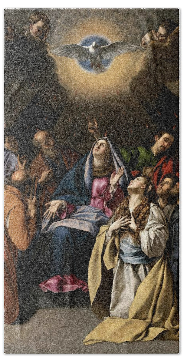 Juan Bautista Mayno Hand Towel featuring the painting Fray Juan Bautista Maino / 'Pentecost', 1615-1620, Spanish School, Oil on canvas, 324 cm x 246 cm. by Juan Bautista Maino -1569-1649-