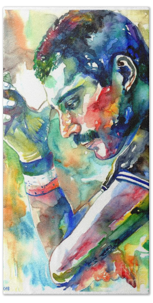 Freddie Mercury Bath Sheet featuring the painting Freddie Mercury With Cigarette by Suzann Sines