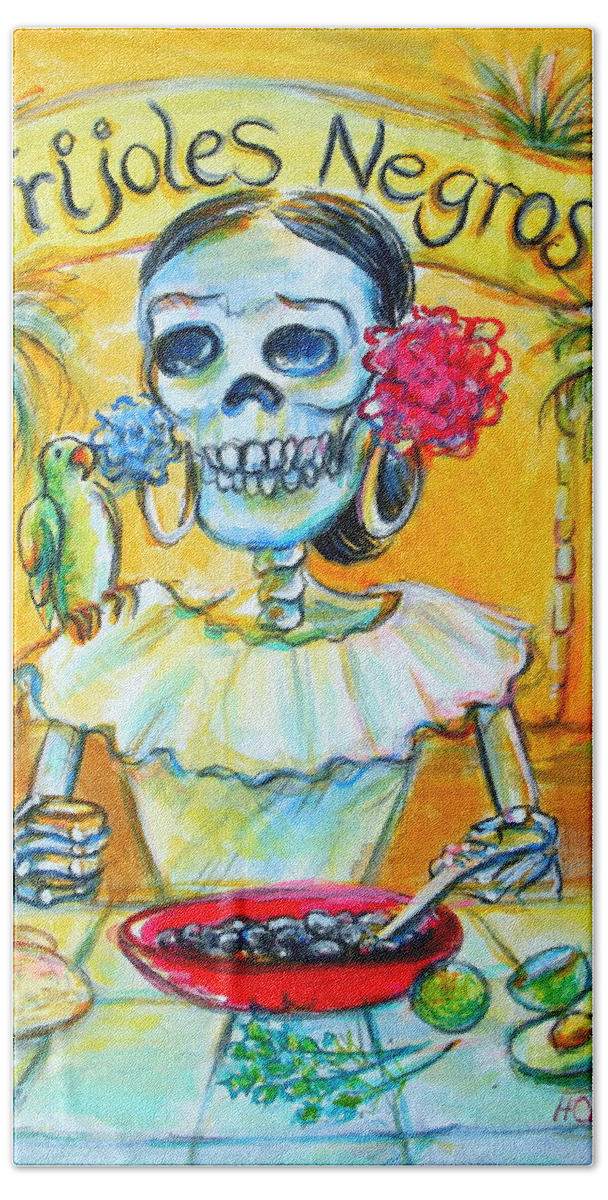 Day Of The Dead Art Bath Towel featuring the painting Frijoles Negros by Heather Calderon