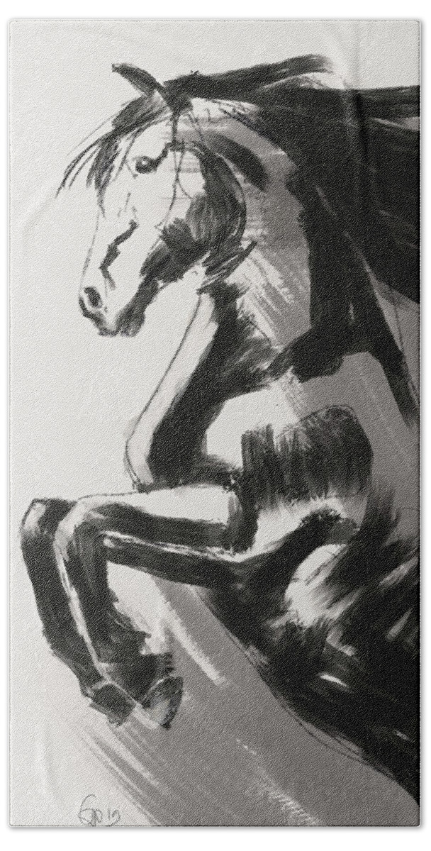 Black Rising Horse Hand Towel featuring the painting Rising Horse by Go Van Kampen