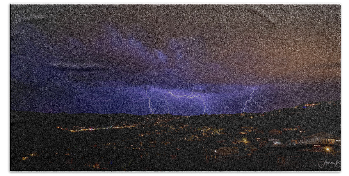 Lightning Bath Towel featuring the photograph From the Hills by Aaron Burrows