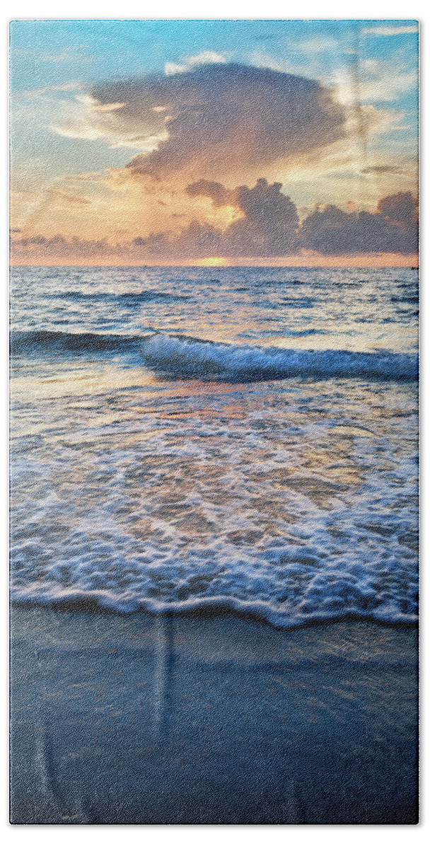 Clouds Bath Towel featuring the photograph Frothy Waves at Sunrise by Debra and Dave Vanderlaan