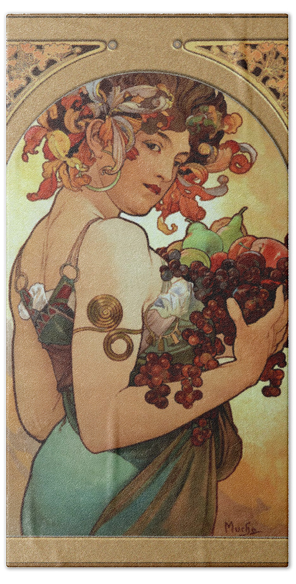 Fruit Bath Towel featuring the painting Fruit by Alphonse Mucha by Rolando Burbon