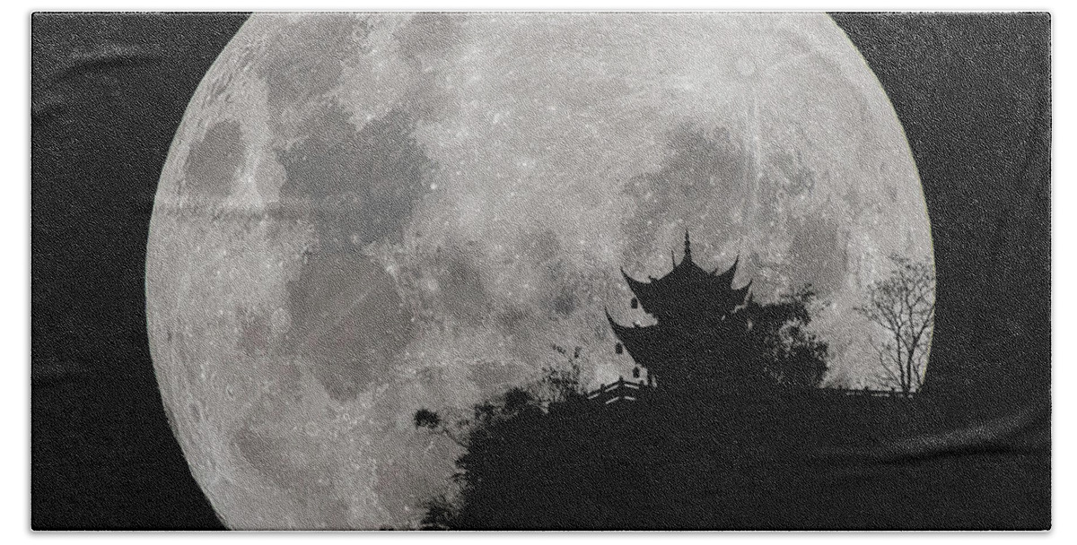 Moon Bath Towel featuring the photograph Full Moon Behind Clifftop Gazebo in Chengdu China by William Dickman
